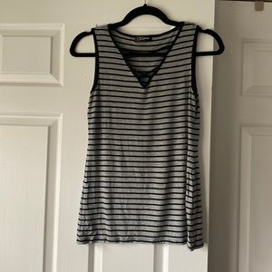 Colette V-Neck Black/Gray Striped Cross Front Tank